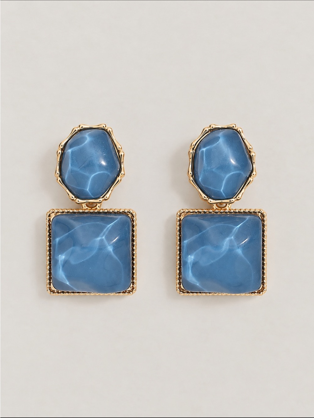 New! Blue Marbled Geometric Statement Drop Earrings Gold Tone Square Dangle NWOT